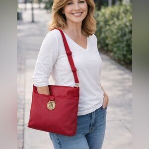 Tommy Hilfiger Red Leather Crossbody Bag Red Canvas Adj Strap